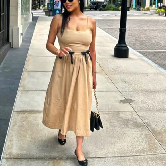 Moon River Cream Ballerina Midi Dress MEDIUM Retro Romantic Bows Designer $102 - Picture 6 of 13